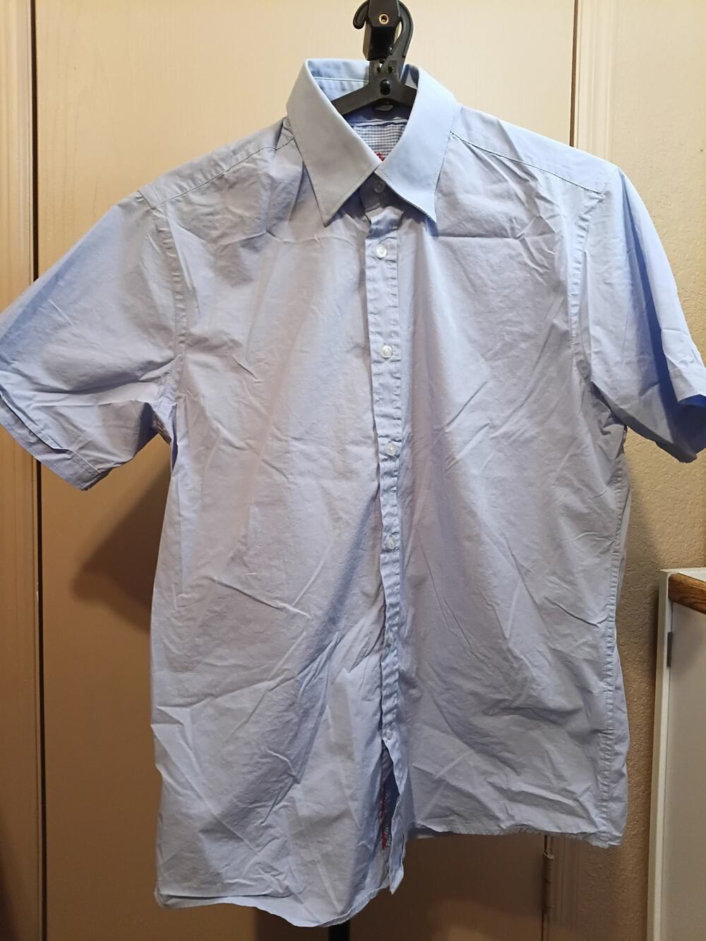 Report Collection Mens Stretch Button Down Shirt M Short Sleeve Blue Micro Check